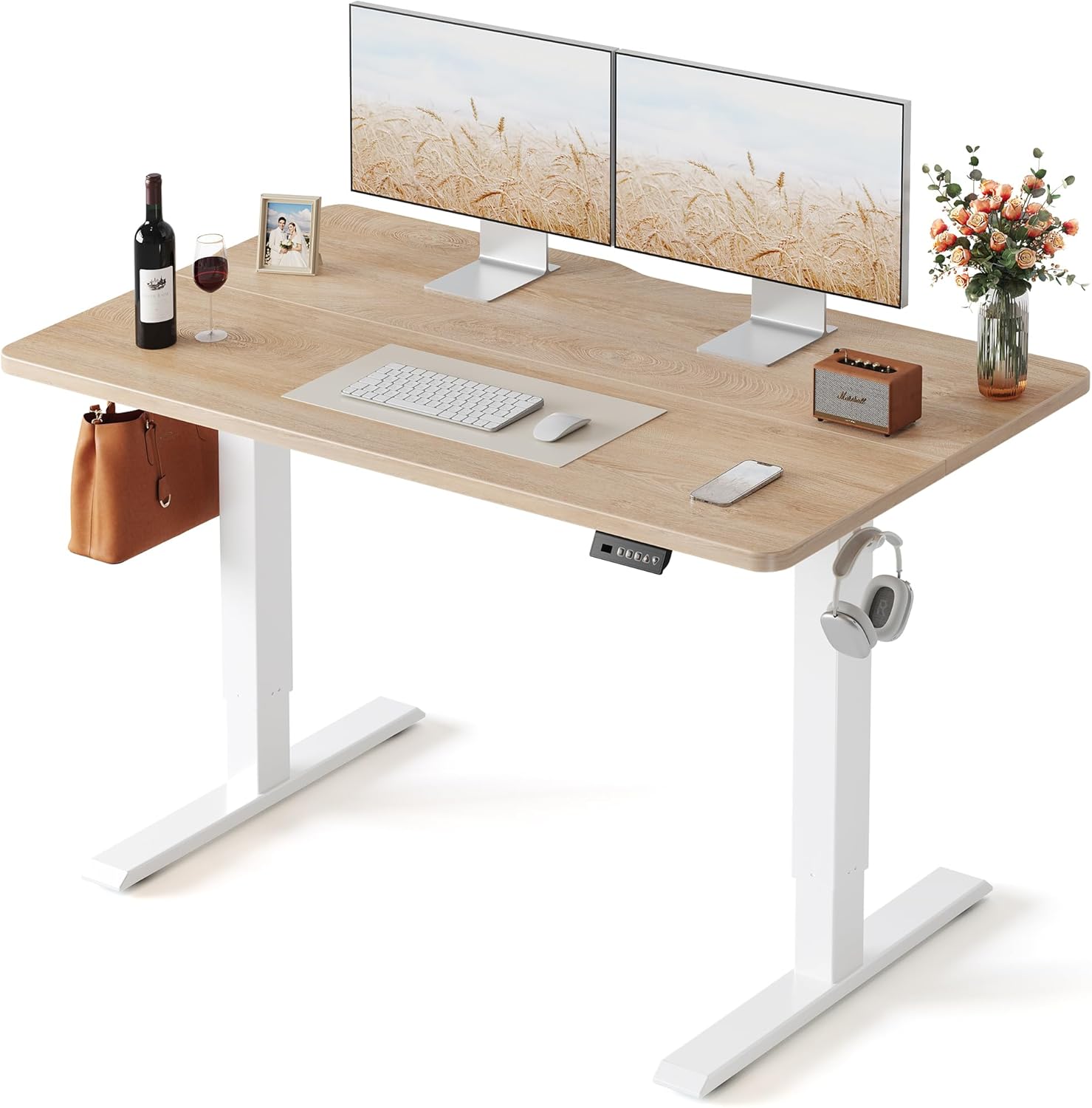 FEZIBO Standing Desk, 48 × 24 Inches Electric Height Adjustable, Sit and Stand Up, Computer Office Desk with Splice Board, White Frame/Maple TOP