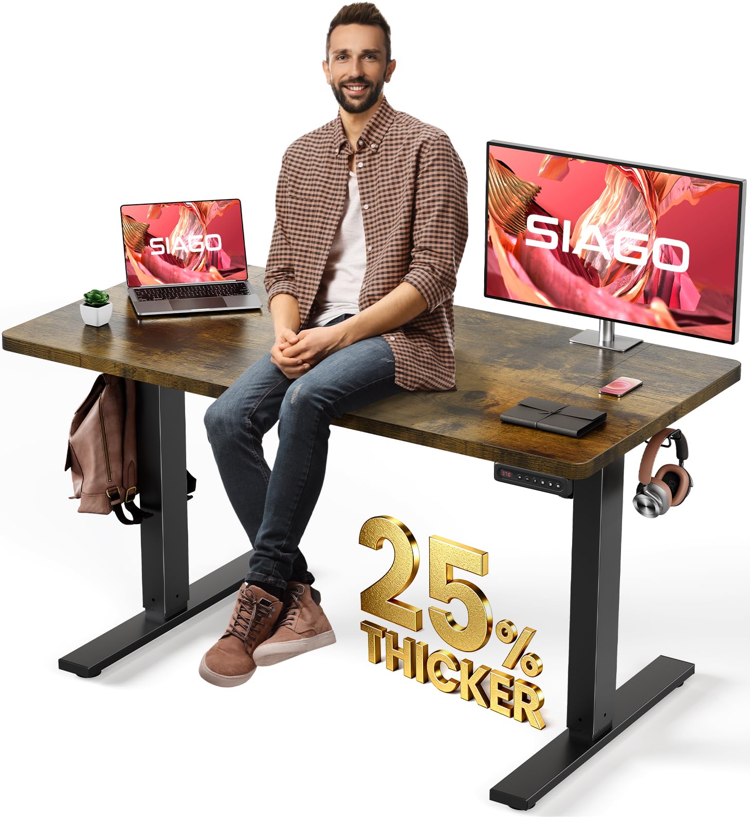 SIAGO Electric Standing Desk Adjustable - 48 x 24 Inch Sit Stand up Desk with 0.8 Inch Thick Tabletop - Adjustable Height Table with 3 Memory Preset, Cable Management for Home Office