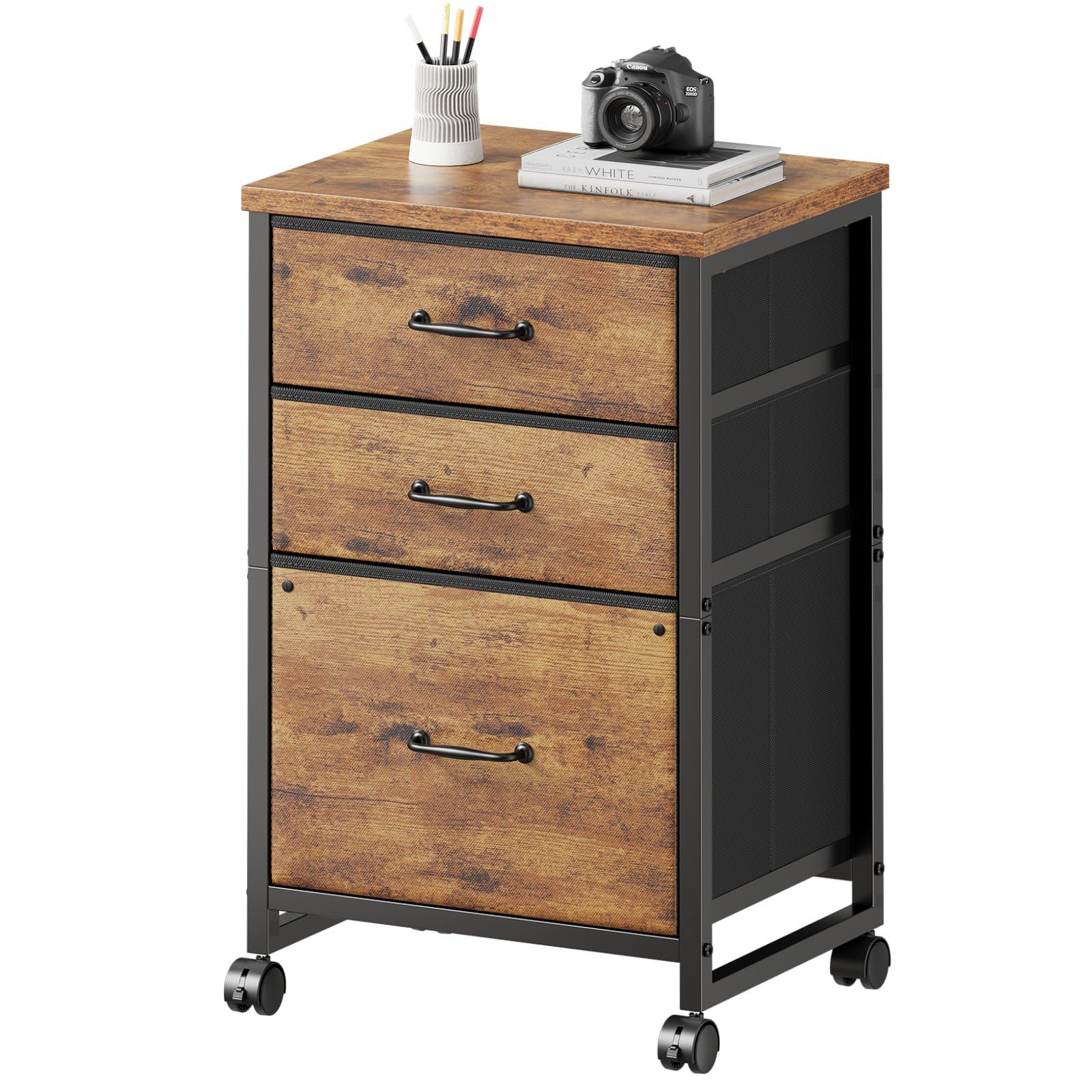 Maihail 3 Drawer Mobile File Cabinet with Wheels Fabric Vertical Filing Cabinet fits A4 or Letter Size for Home Office,Rustic Brown2