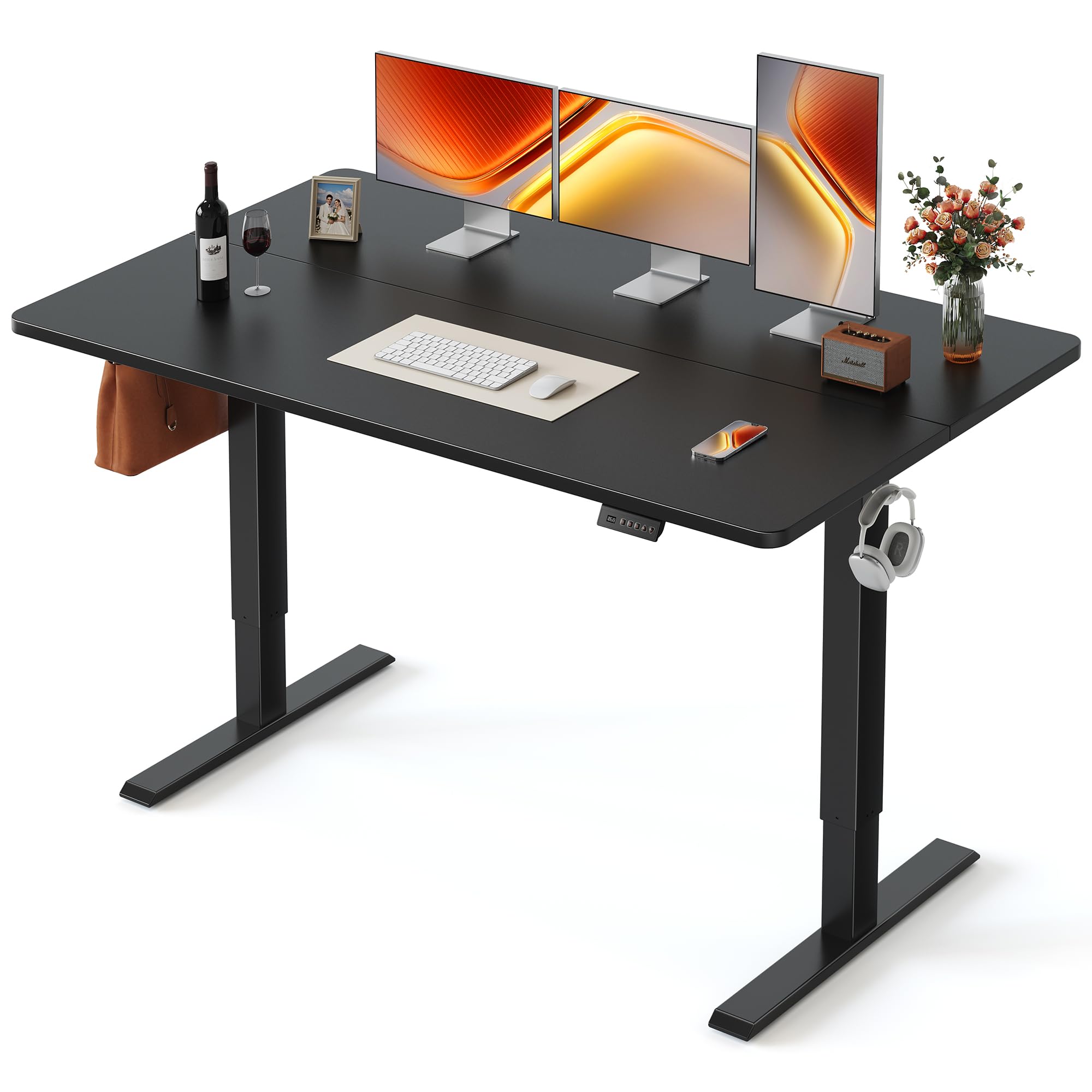 FEZIBO Standing Desk, 48 × 24 Inches Electric Height Adjustable, Sit and Stand Up, Computer Office Desk with Splice Board, White Frame/Maple TOP