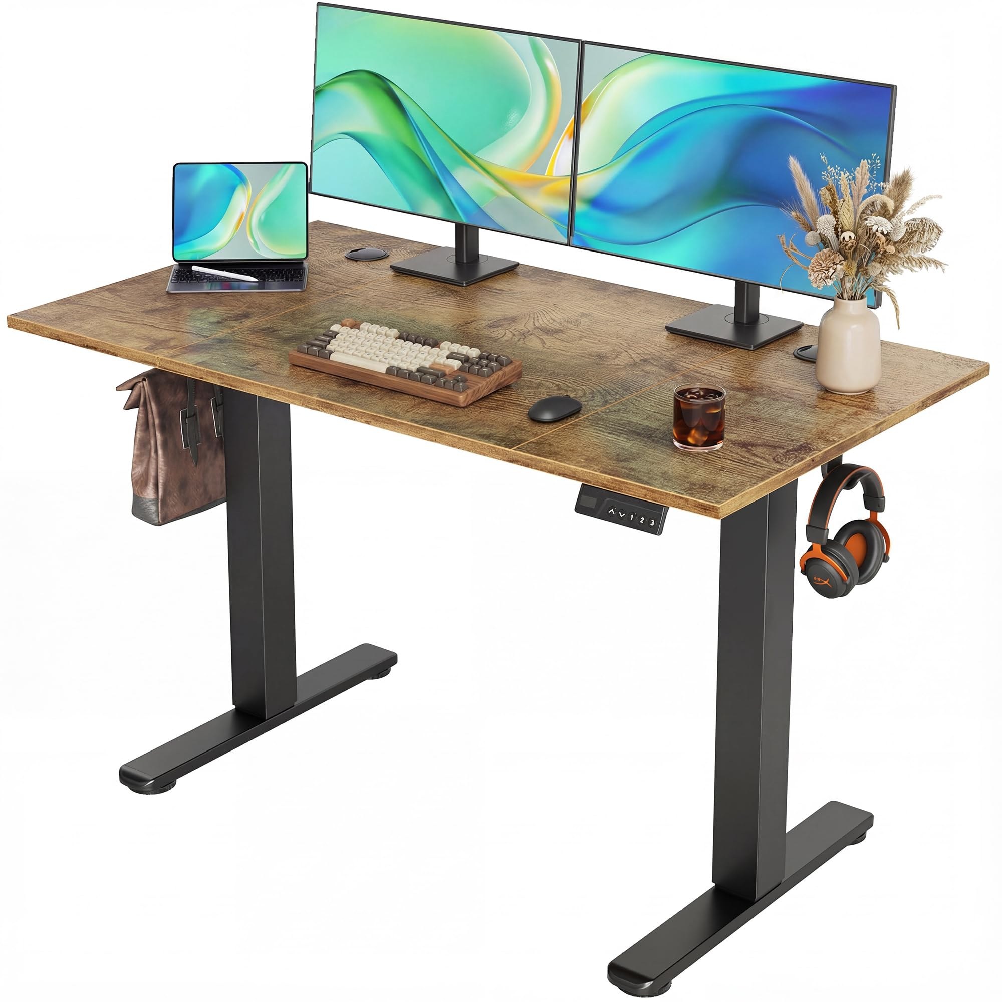 Claiks Electric Standing Desk, Adjustable Height Stand up Desk, 24x48 Inches Sit Stand Home Office Desk with Splice Board, Black Frame/Rustic Brown Top