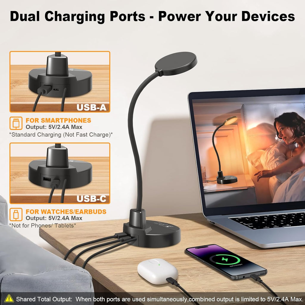 15W LED Desk Lamp with USB Charging Ports – Dimmable Table Lamp with 3 Color Temps, 5 Brightness, 4 Timers, Flexible Gooseneck Light with Base, Eye-Caring Reading Light for Home Office, Bedroom, Study