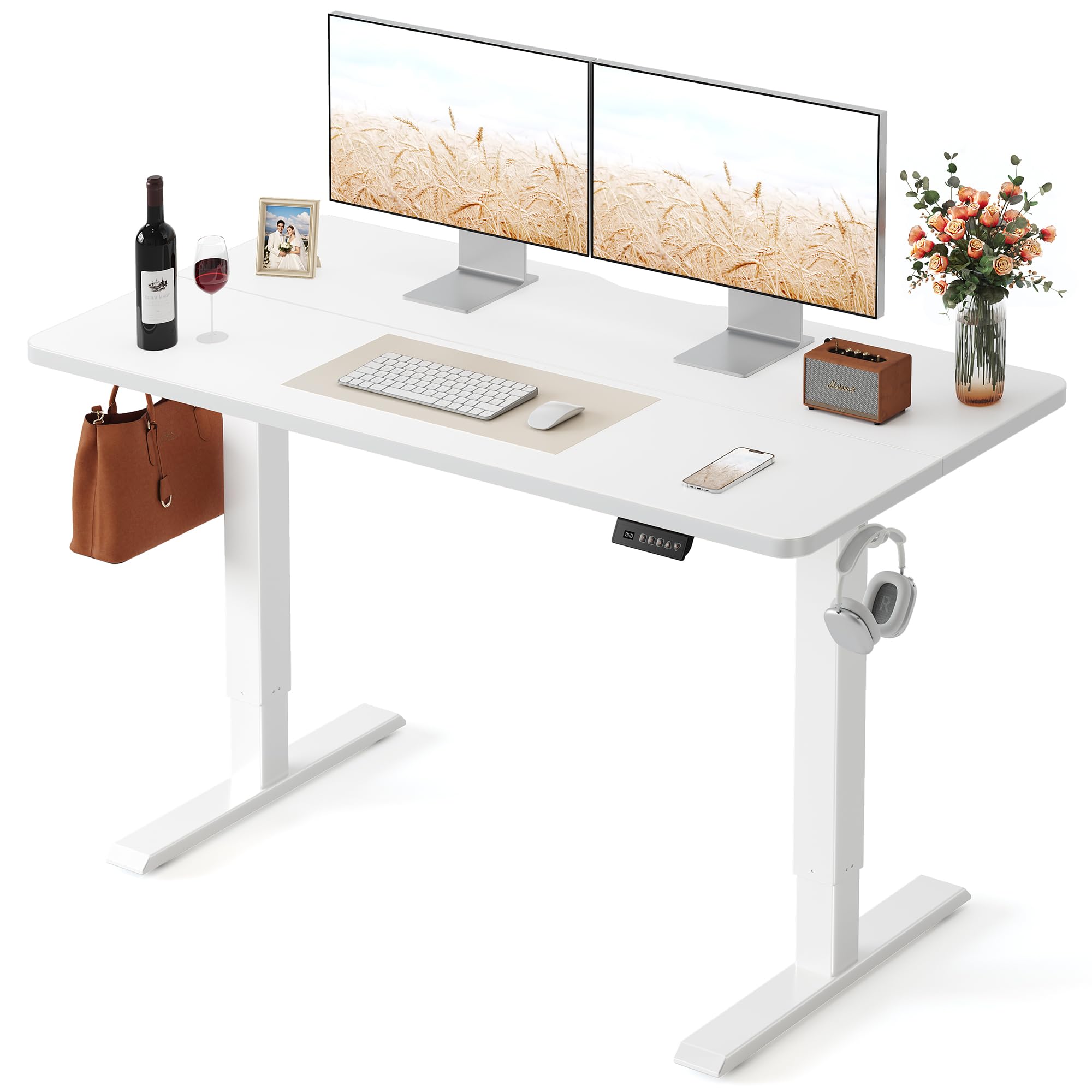 FEZIBO Standing Desk, 48 × 24 Inches Electric Height Adjustable, Sit and Stand Up, Computer Office Desk with Splice Board, White Frame/Maple TOP