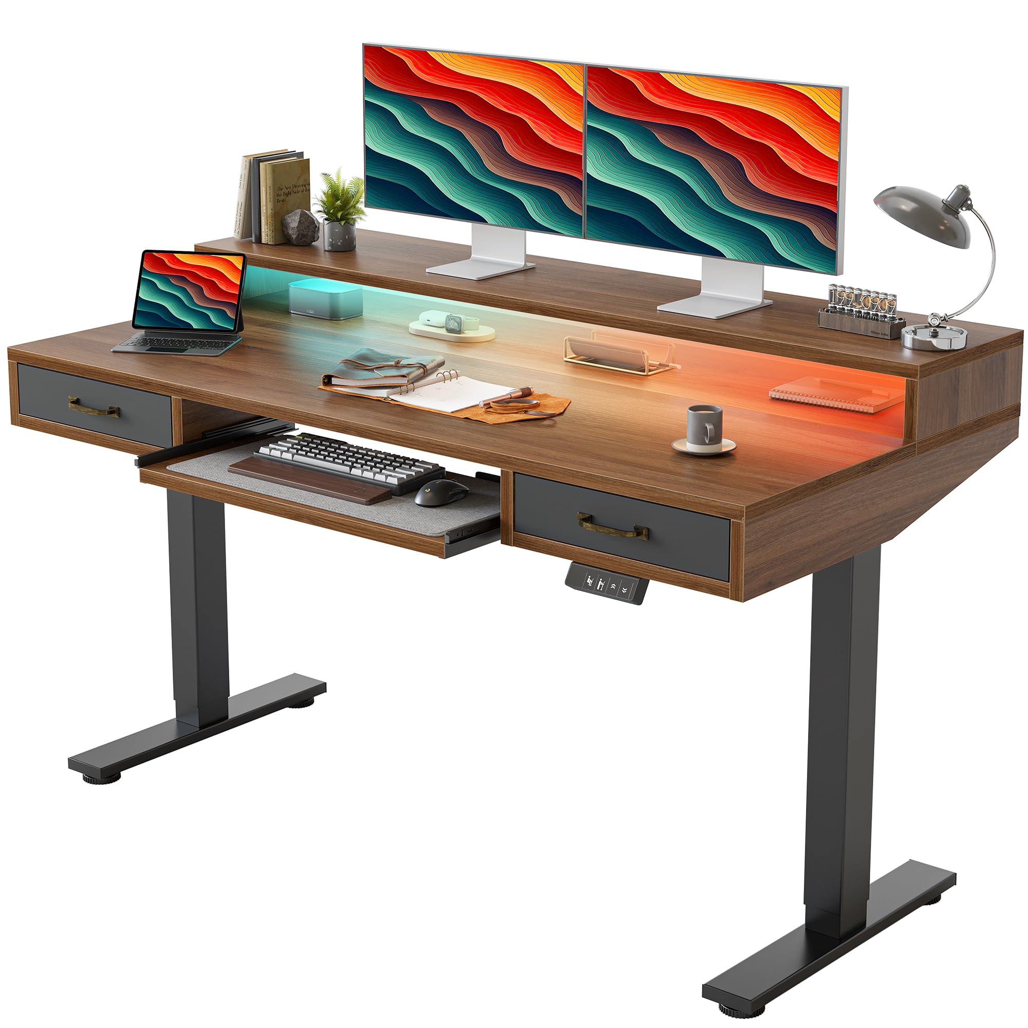 TIQLAB Standing Desk with Two Drawers, Stand Up Standing Desk Adjustable Height, Electric Sit Stand Table with Storage Shelf and Splice Board, 48 * 24 inch, Maple