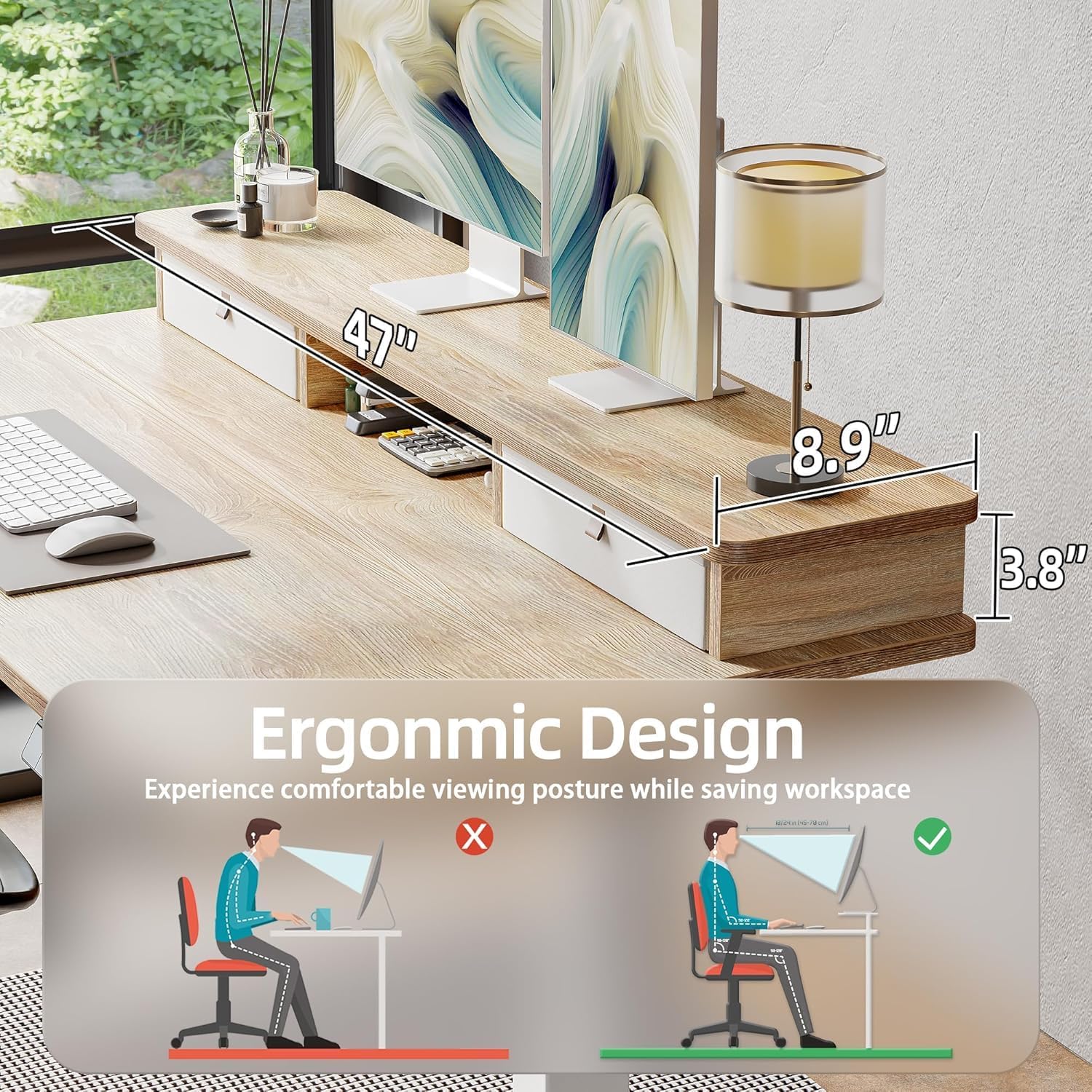 TIQLAB Standing Desk with Two Drawers, Stand Up Standing Desk Adjustable Height, Electric Sit Stand Table with Storage Shelf and Splice Board, 48 * 24 inch, Maple