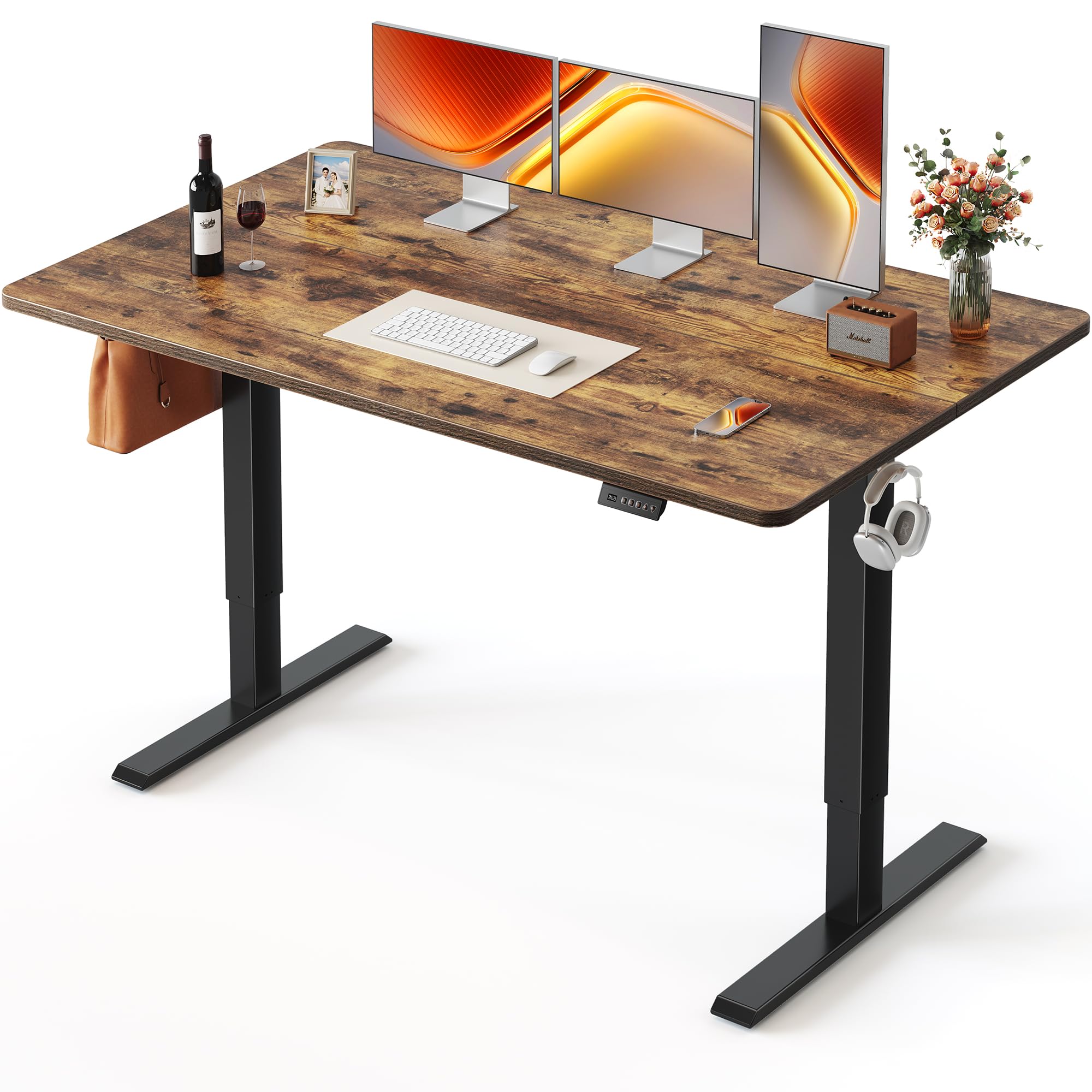 FEZIBO Standing Desk, 48 × 24 Inches Electric Height Adjustable, Sit and Stand Up, Computer Office Desk with Splice Board, White Frame/Maple TOP