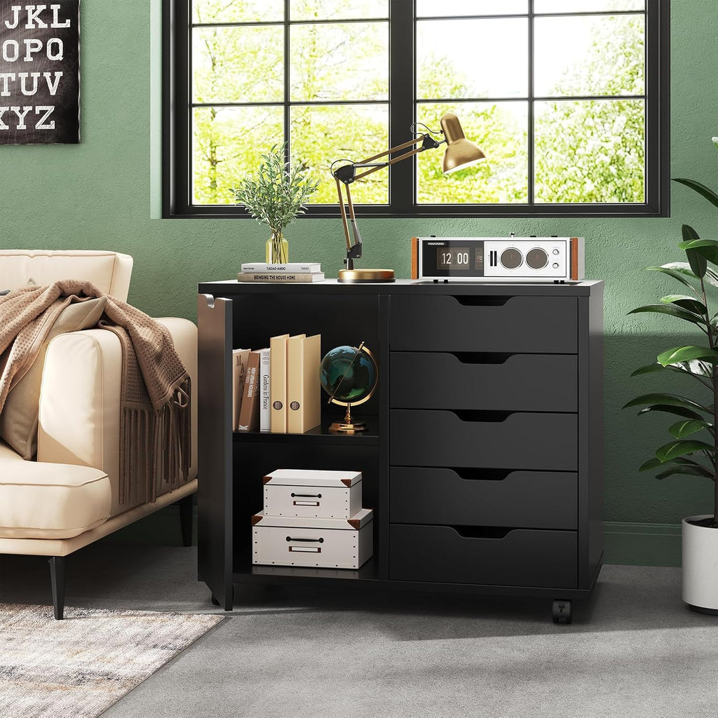DUMOS 5 Drawer File Cabinet Office Drawers Organizer with Wheels Rolliing, Under Desk Cabinets with Shelves and Door Printer Stand with Wood Board Metal Frame for Home Office Storage Craft Room, Black