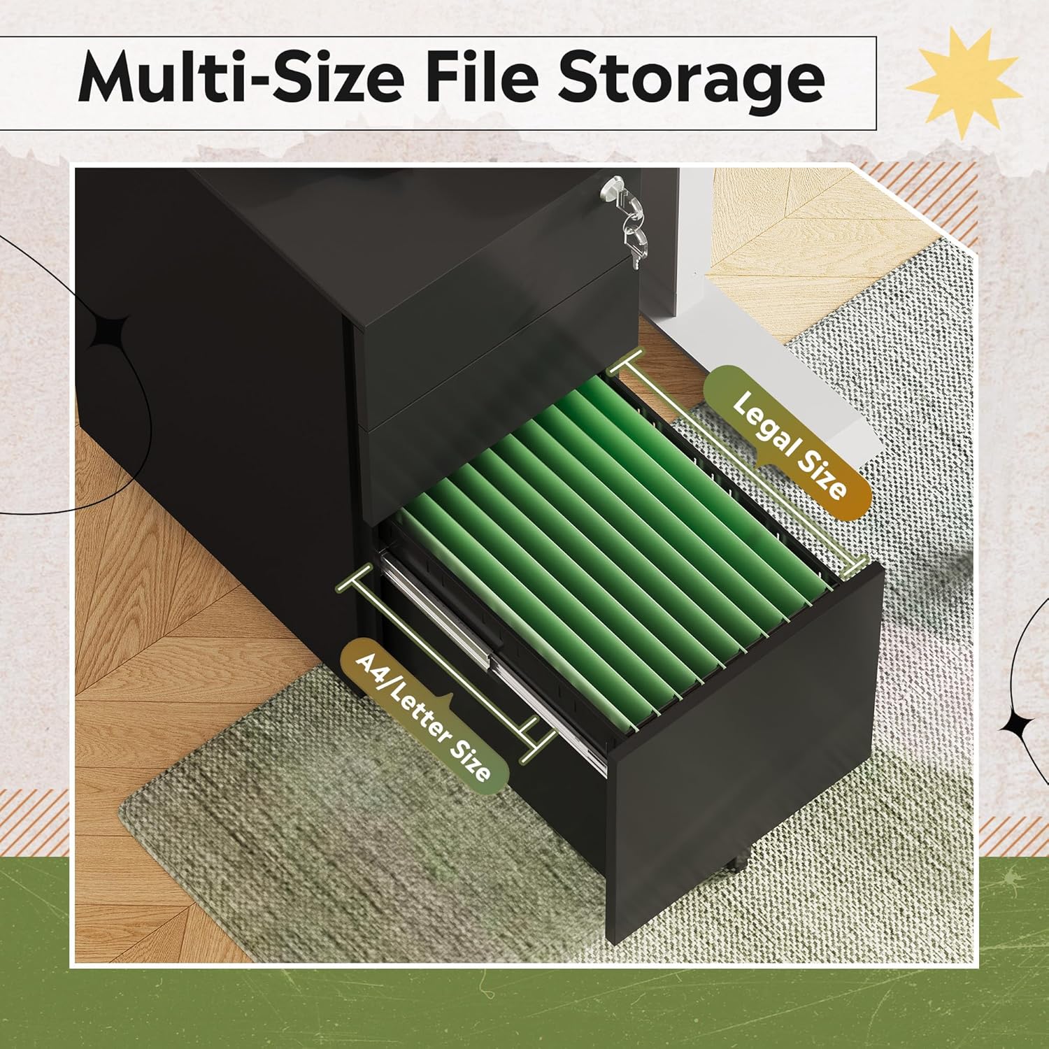 DEVAISE 3 Drawer File Cabinet with Lock, Under Desk Metal Filing Cabinets with Wheels for Home Office Fit Legal/Letter/A4 File, Assembled Except Casters,Black