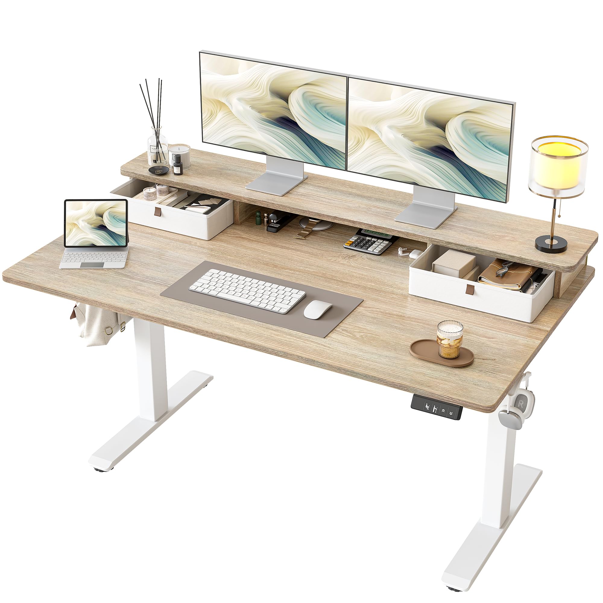 TIQLAB Standing Desk with Two Drawers, Stand Up Standing Desk Adjustable Height, Electric Sit Stand Table with Storage Shelf and Splice Board, 48 * 24 inch, Maple