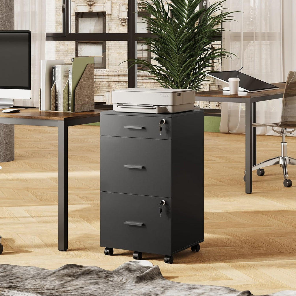 DEVAISE 3 Drawer Rolling File Cabinet with Lock, Wood Filing Cabinet fits Letter / A4 Size for Home Office, Black