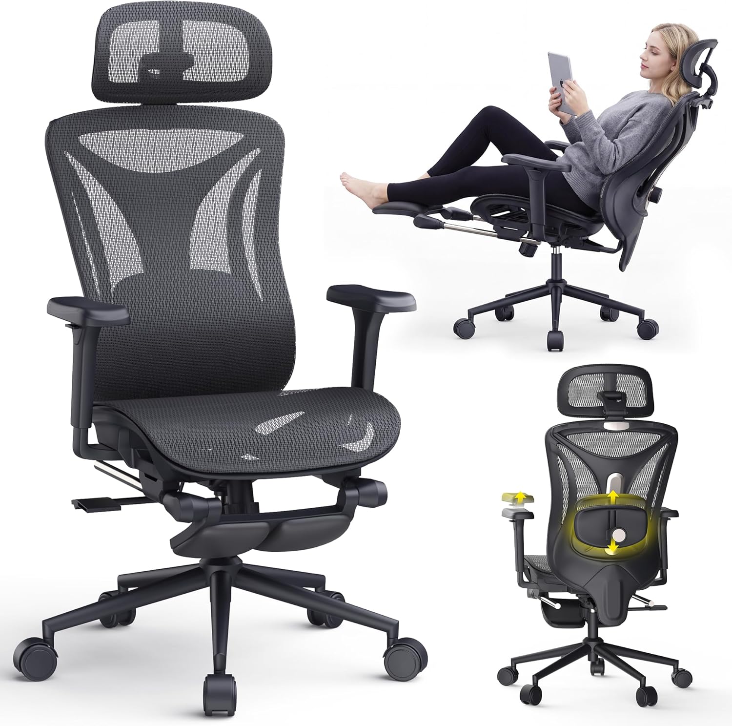 CYKOV Ergonomic Office Chair with Footrest - Adjustable Lumbar Support & Headrest, 90-160° Reclining Mesh Back Computer Chair - Home Office/Gaming, 350lbs Capacity (B-Black, Mesh)
