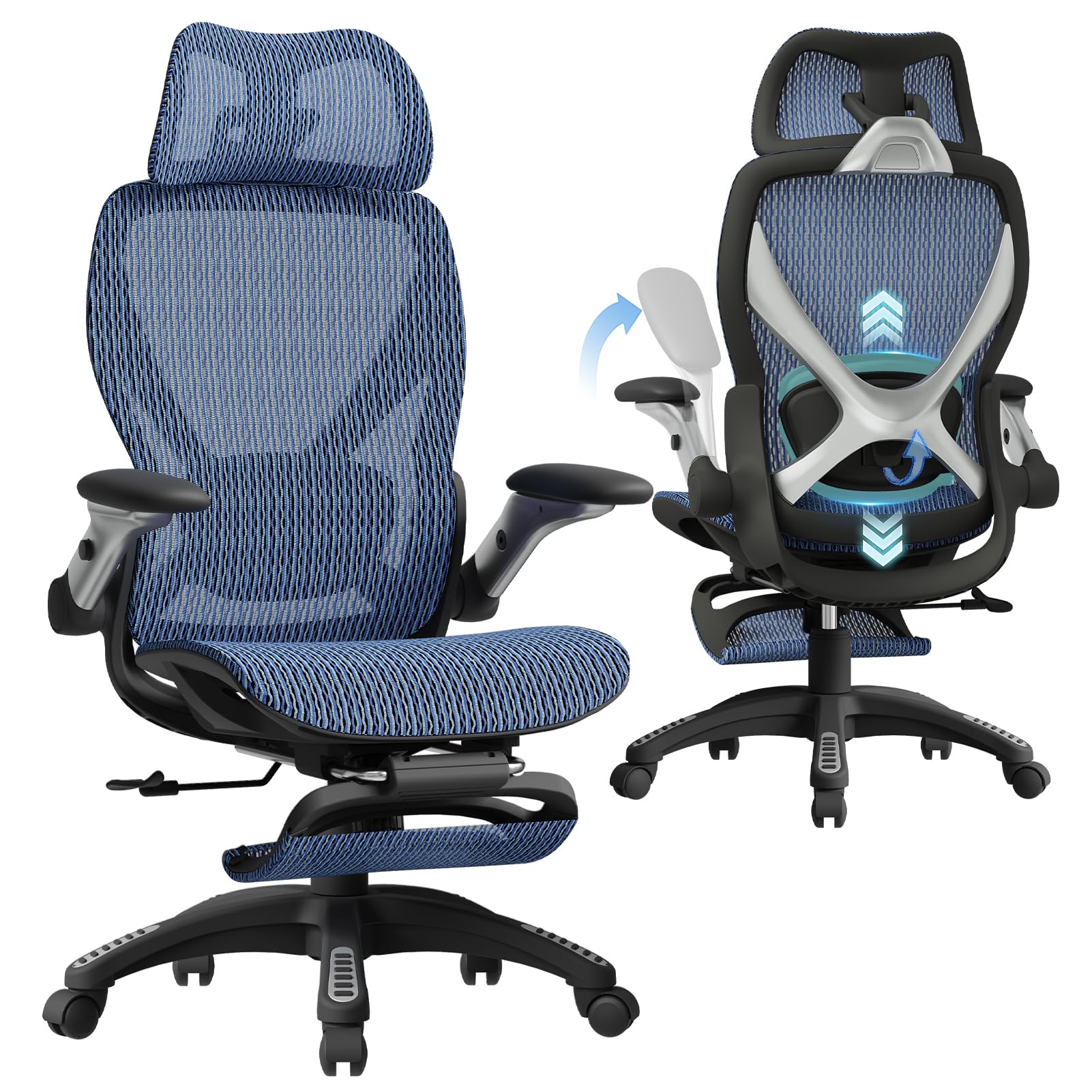 ELABEST X100 Ergonomic Mesh Office Chair with Footrest, Big and Tall Hone Desk Chair with 5D Flip-Up Arms, Adjustable 3D Lumbar Support,Gaming & Executive Computer Chairs