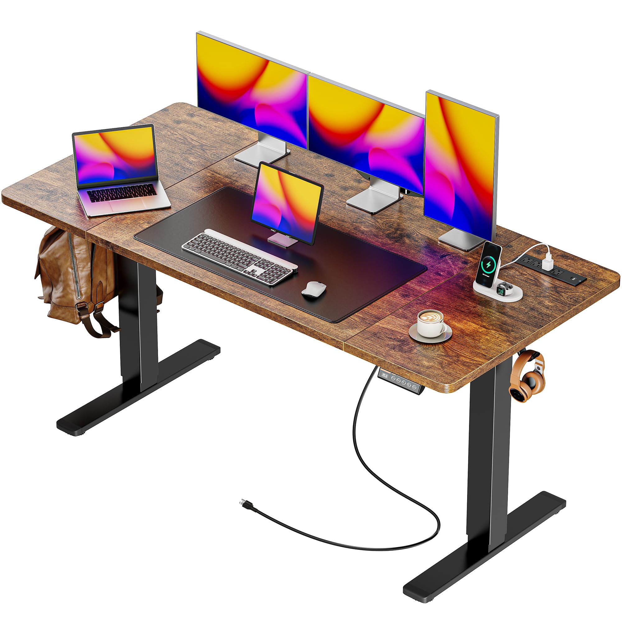 Huuger 55 x 28 Large Electric Standing Desk, Height Adjustable Computer Desk, 27.6" Deep Desktop, Stand up Gaming Office Desk with 2 Hooks, 3 Preset Heights, for Home Office, Rustic Brown