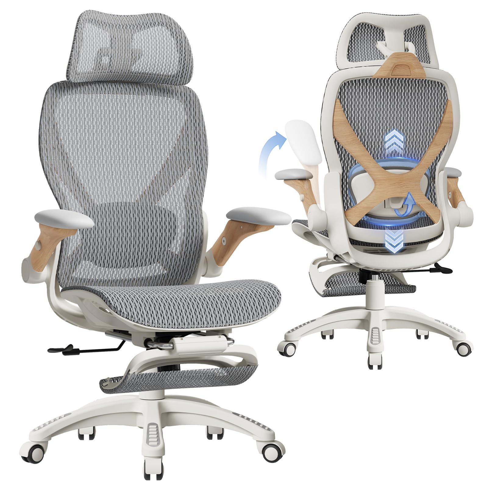 ELABEST X100 Ergonomic Mesh Office Chair with Footrest, Big and Tall Hone Desk Chair with 5D Flip-Up Arms, Adjustable 3D Lumbar Support,Gaming & Executive Computer Chairs