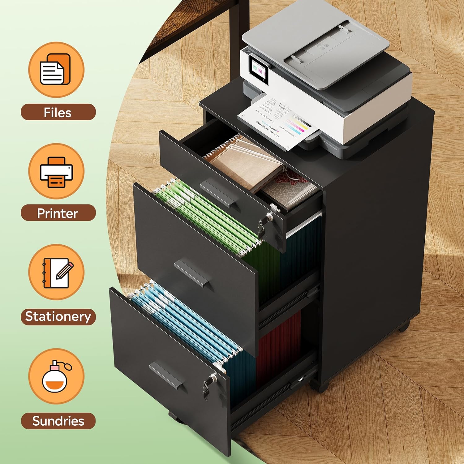 DEVAISE 3 Drawer Rolling File Cabinet with Lock, Wood Filing Cabinet fits Letter / A4 Size for Home Office, Black