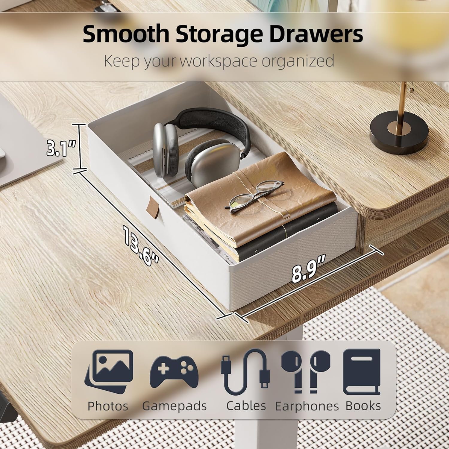 TIQLAB Standing Desk with Two Drawers, Stand Up Standing Desk Adjustable Height, Electric Sit Stand Table with Storage Shelf and Splice Board, 48 * 24 inch, Maple