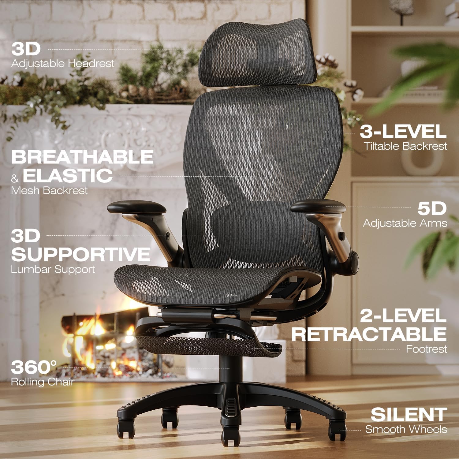 ELABEST X100 Ergonomic Mesh Office Chair with Footrest, Big and Tall Hone Desk Chair with 5D Flip-Up Arms, Adjustable 3D Lumbar Support,Gaming & Executive Computer Chairs