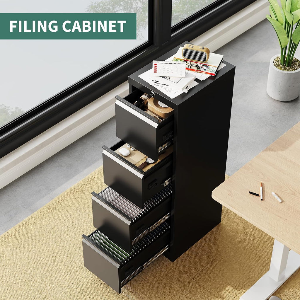 4 Drawer Metal File Cabinet with Lock, Wide Office Steel Filing Cabinet, Mobile Storage Organizer for Letter Legal Files, Home Office School Tool Storage Cabinet, Black