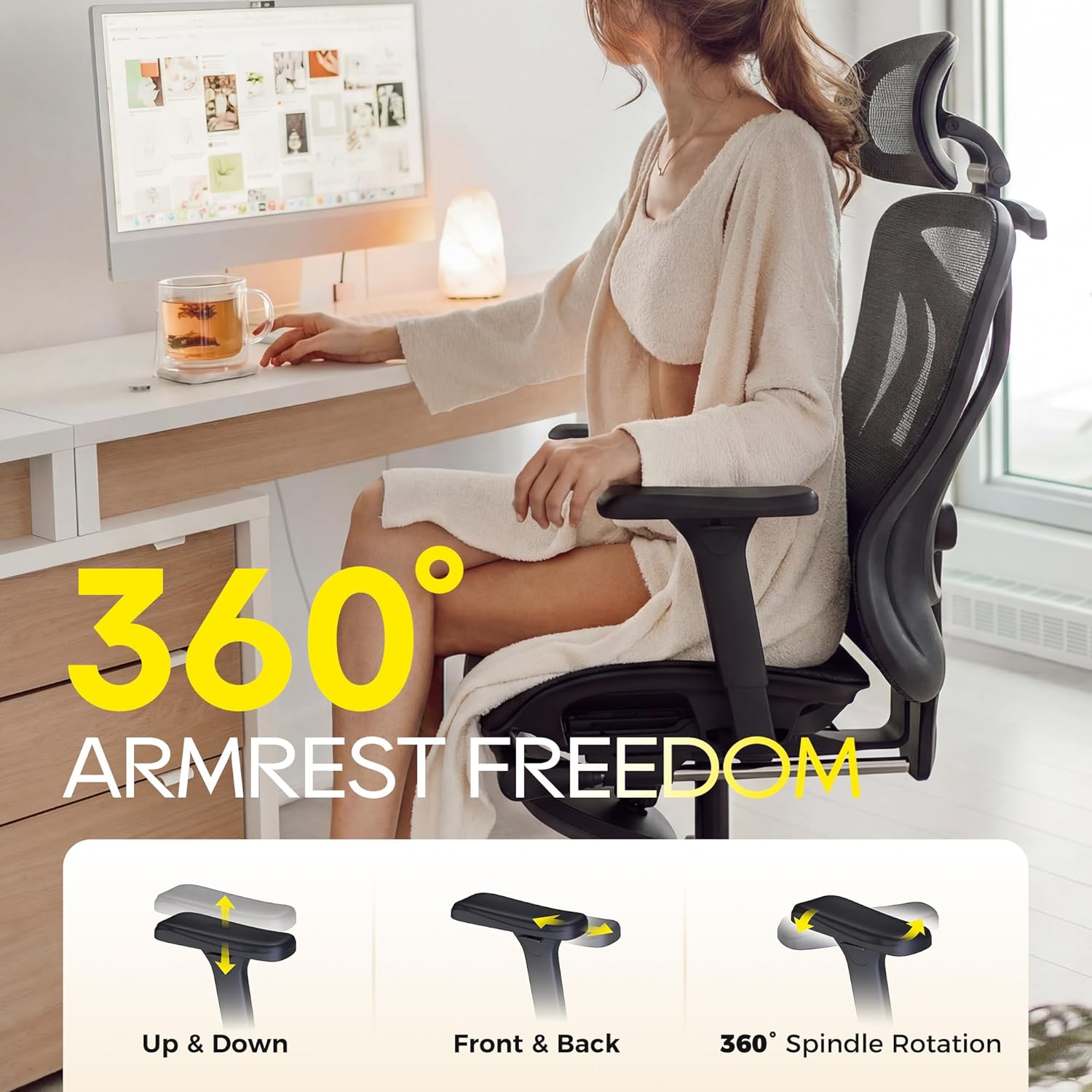 CYKOV Ergonomic Office Chair with Footrest - Adjustable Lumbar Support & Headrest, 90-160° Reclining Mesh Back Computer Chair - Home Office/Gaming, 350lbs Capacity (B-Black, Mesh)