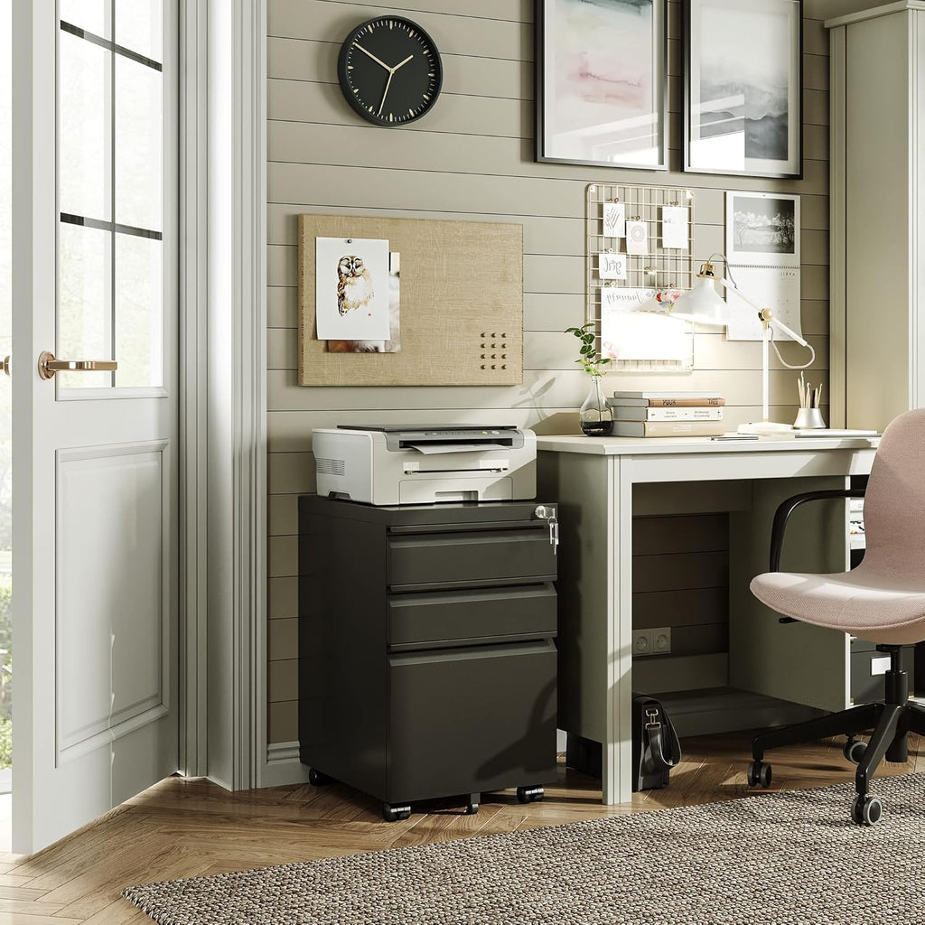 DEVAISE 3 Drawer Mobile File Cabinet with Lock, Under Desk Metal Filing Cabinet for Home Office/Legal/Letter/A4 File, Fully Assembled Except Wheels, Black