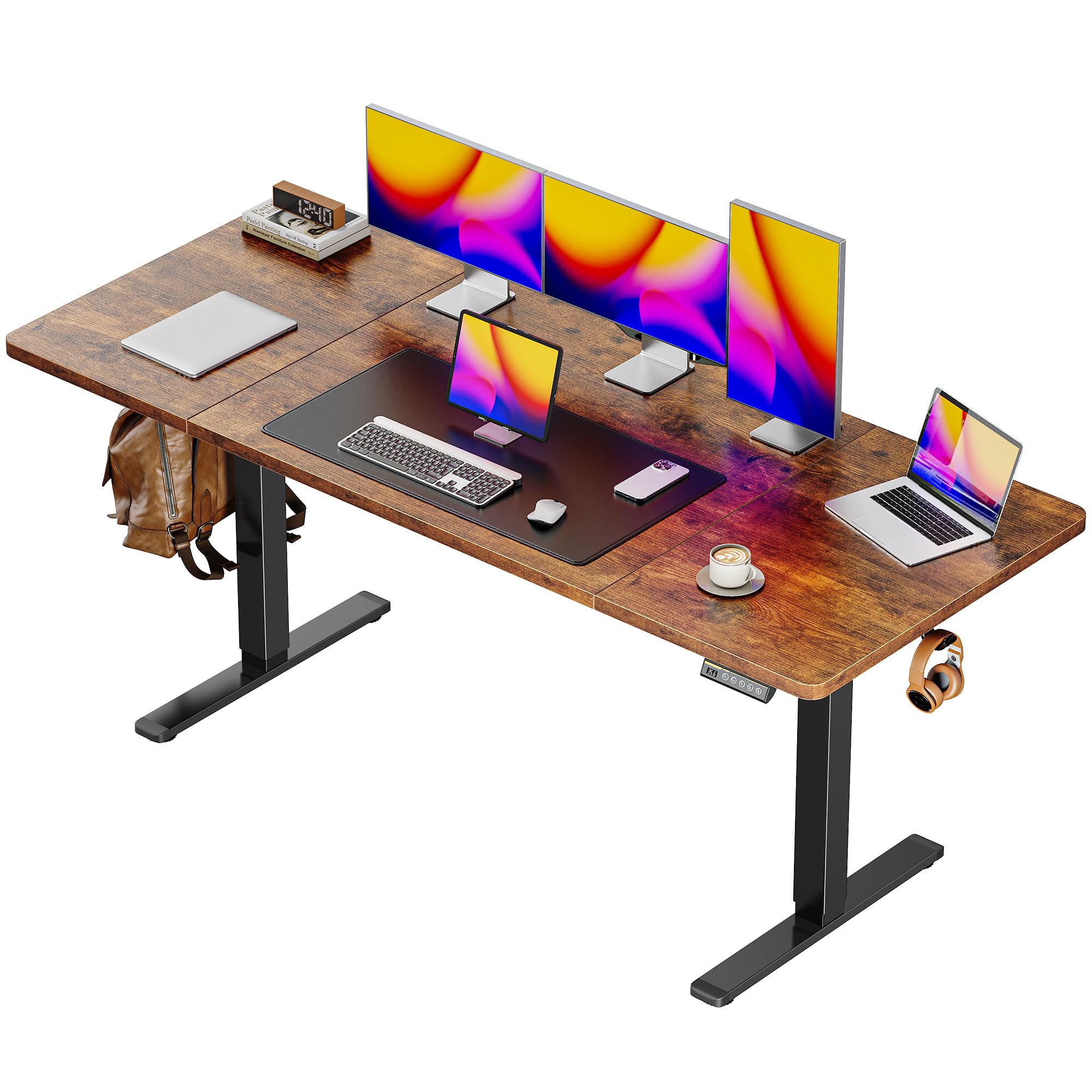 Huuger 55 x 28 Large Electric Standing Desk, Height Adjustable Computer Desk, 27.6" Deep Desktop, Stand up Gaming Office Desk with 2 Hooks, 3 Preset Heights, for Home Office, Rustic Brown