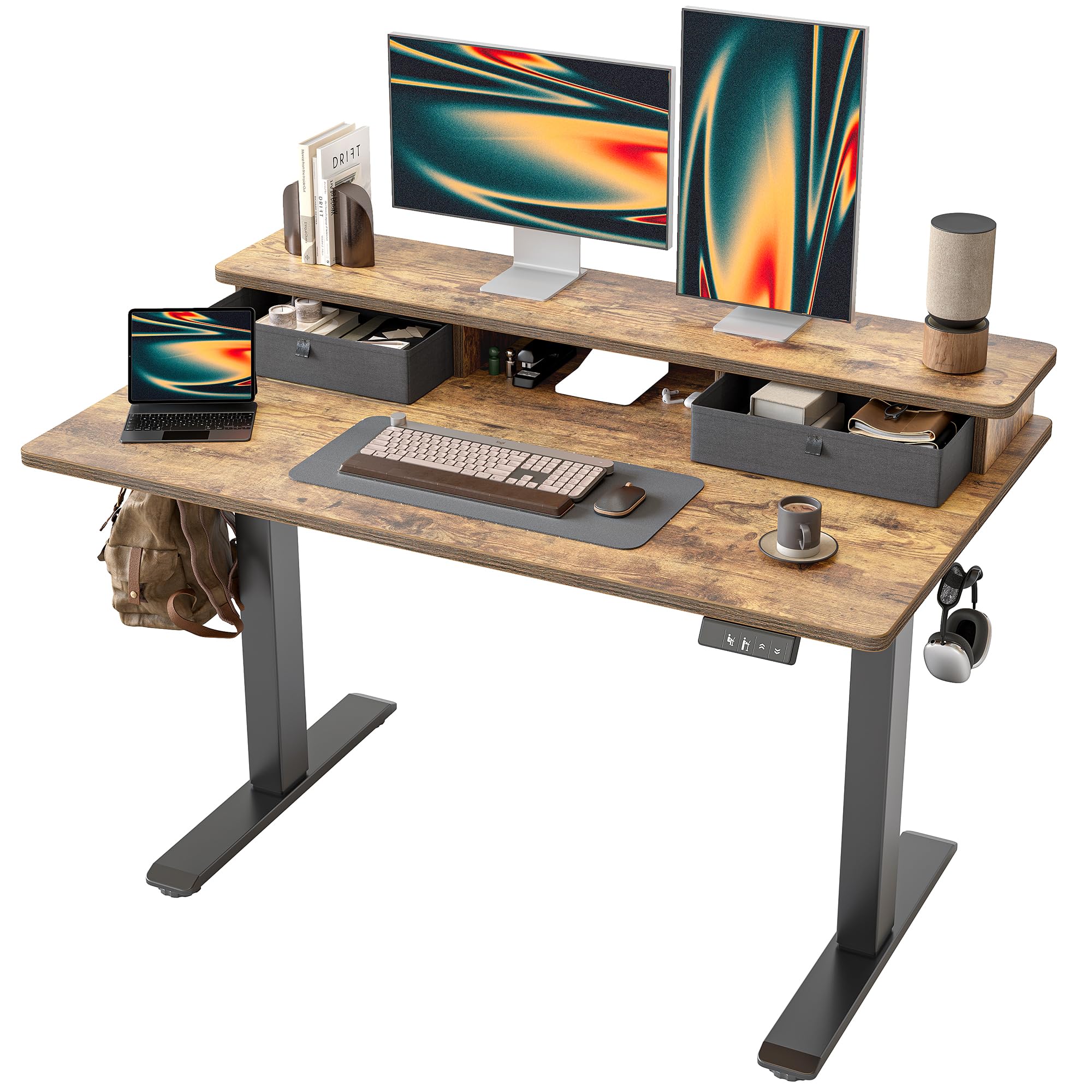 TIQLAB Standing Desk with Two Drawers, Stand Up Standing Desk Adjustable Height, Electric Sit Stand Table with Storage Shelf and Splice Board, 48 * 24 inch, Maple