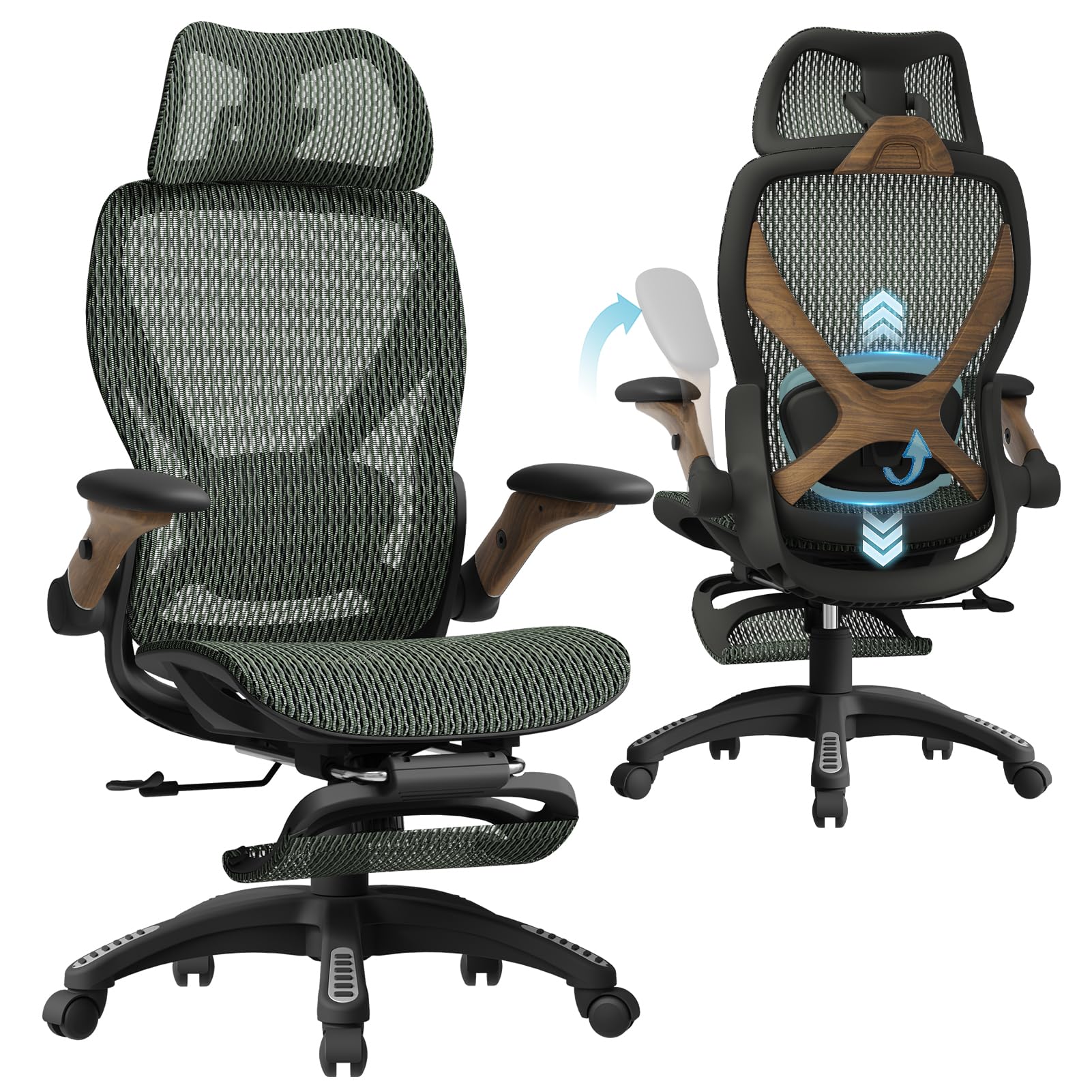 ELABEST X100 Ergonomic Mesh Office Chair with Footrest, Big and Tall Hone Desk Chair with 5D Flip-Up Arms, Adjustable 3D Lumbar Support,Gaming & Executive Computer Chairs