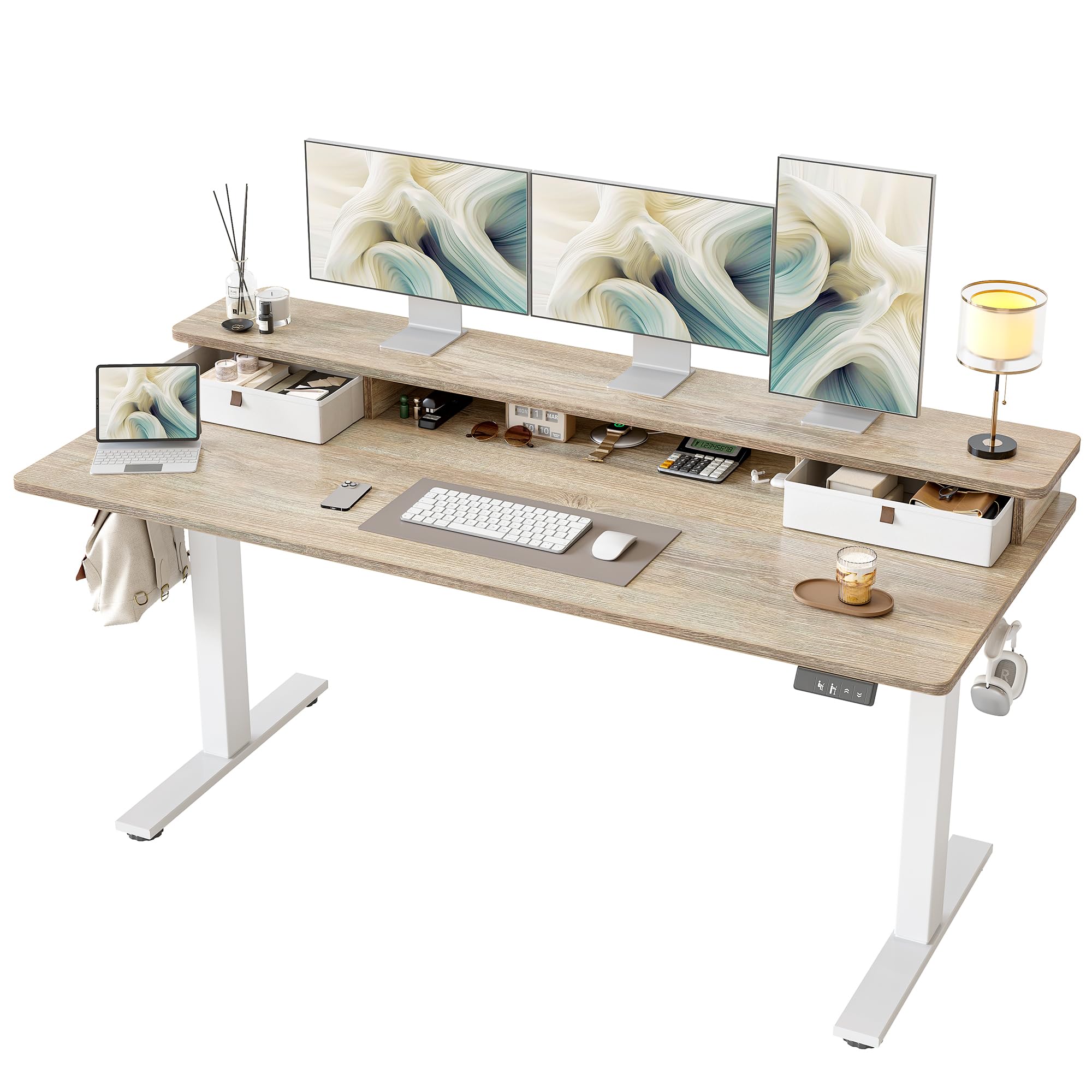 TIQLAB Standing Desk with Two Drawers, Stand Up Standing Desk Adjustable Height, Electric Sit Stand Table with Storage Shelf and Splice Board, 48 * 24 inch, Maple