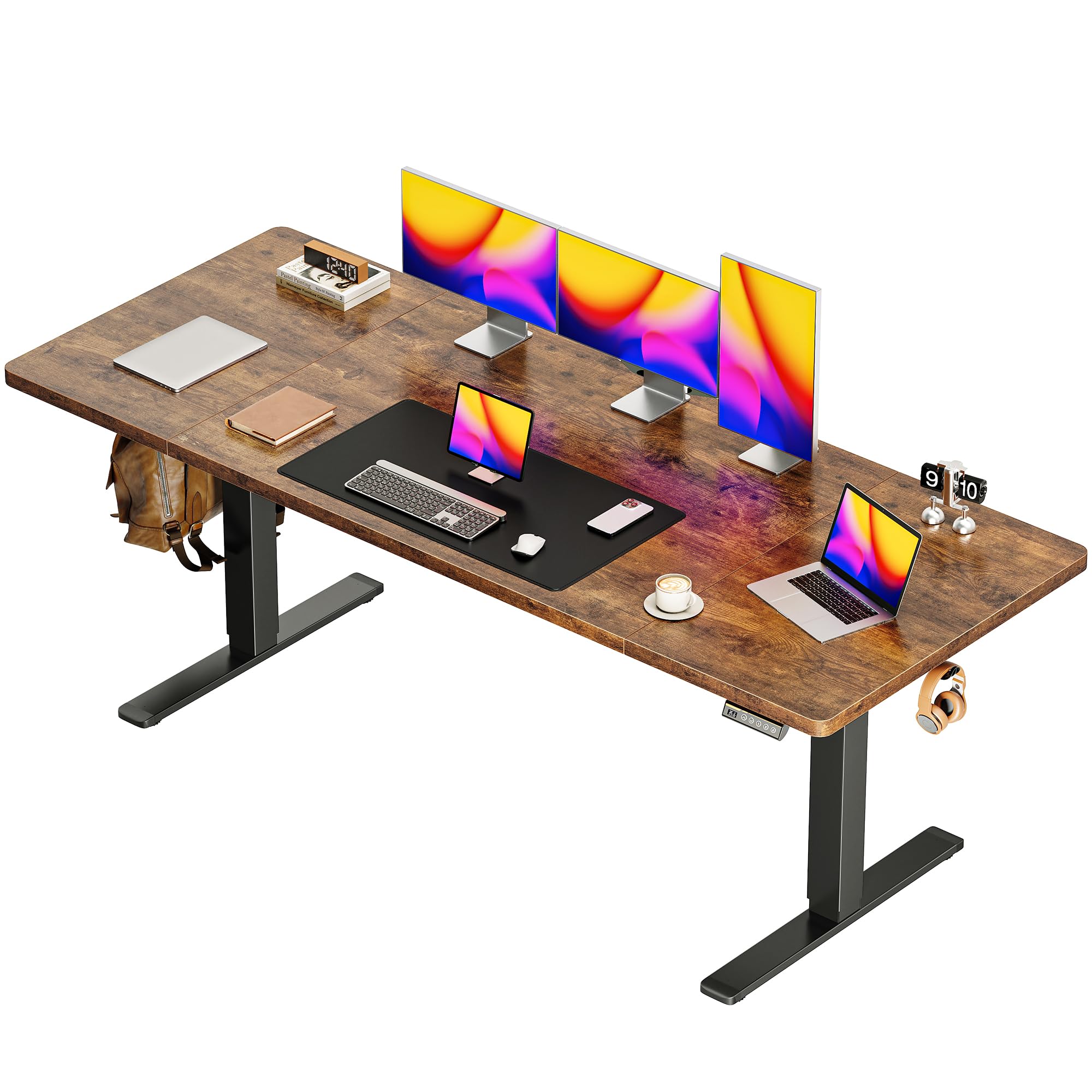 Huuger 55 x 28 Large Electric Standing Desk, Height Adjustable Computer Desk, 27.6" Deep Desktop, Stand up Gaming Office Desk with 2 Hooks, 3 Preset Heights, for Home Office, Rustic Brown