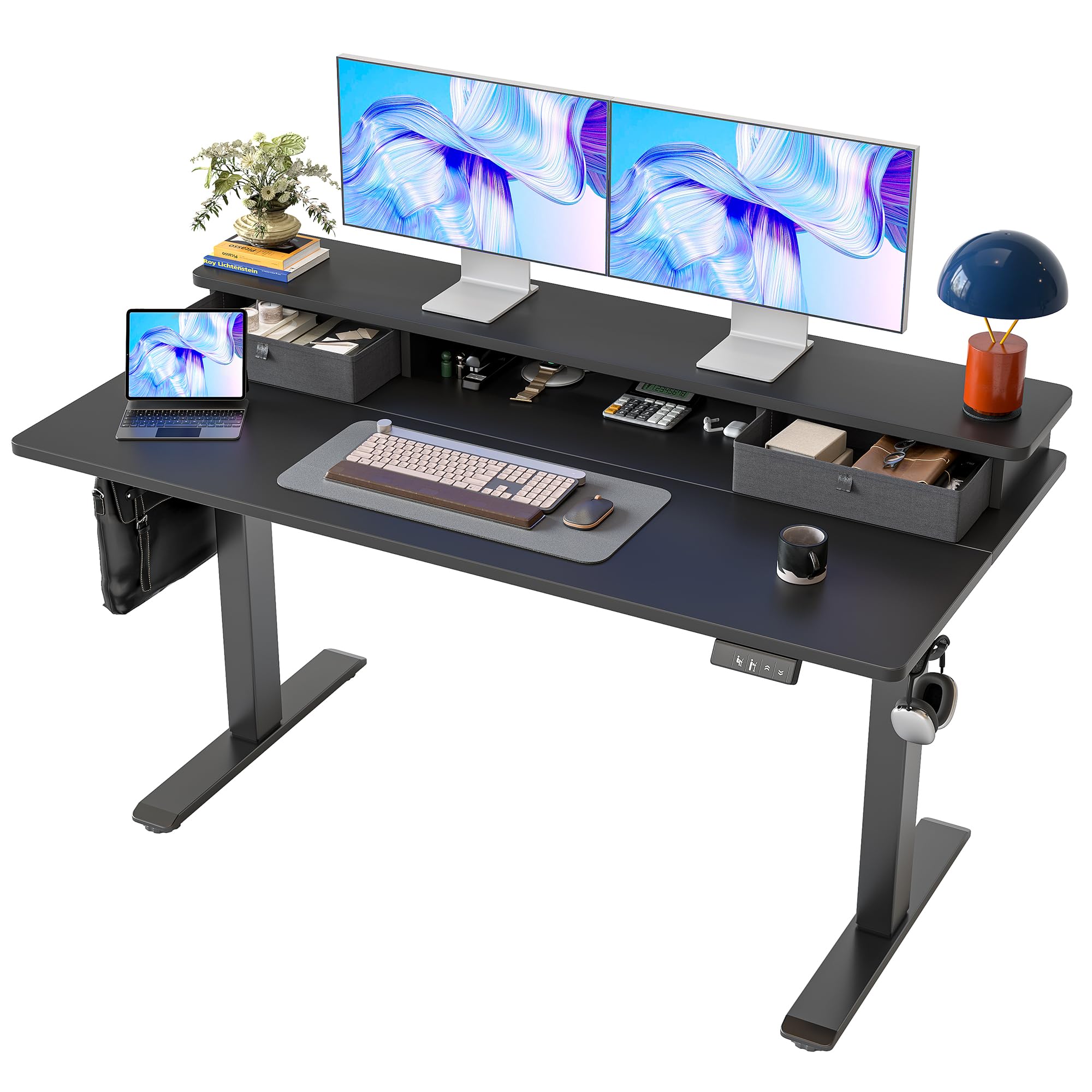 TIQLAB Standing Desk with Two Drawers, Stand Up Standing Desk Adjustable Height, Electric Sit Stand Table with Storage Shelf and Splice Board, 48 * 24 inch, Maple