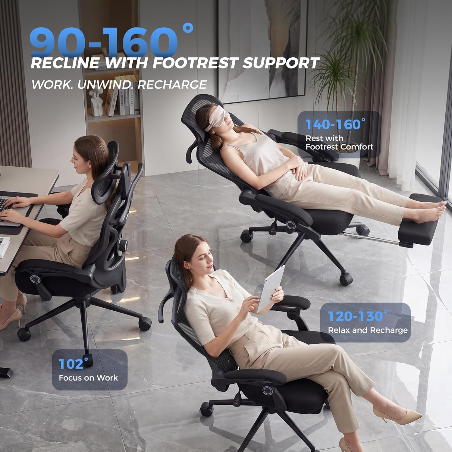 Ergonomic Office Chair with Footrest - Adjustable Lumbar Support & Headrest, 90-160° Reclining Mesh Back Computer Chair - Home Office/Gaming, 350lbs Capacity
