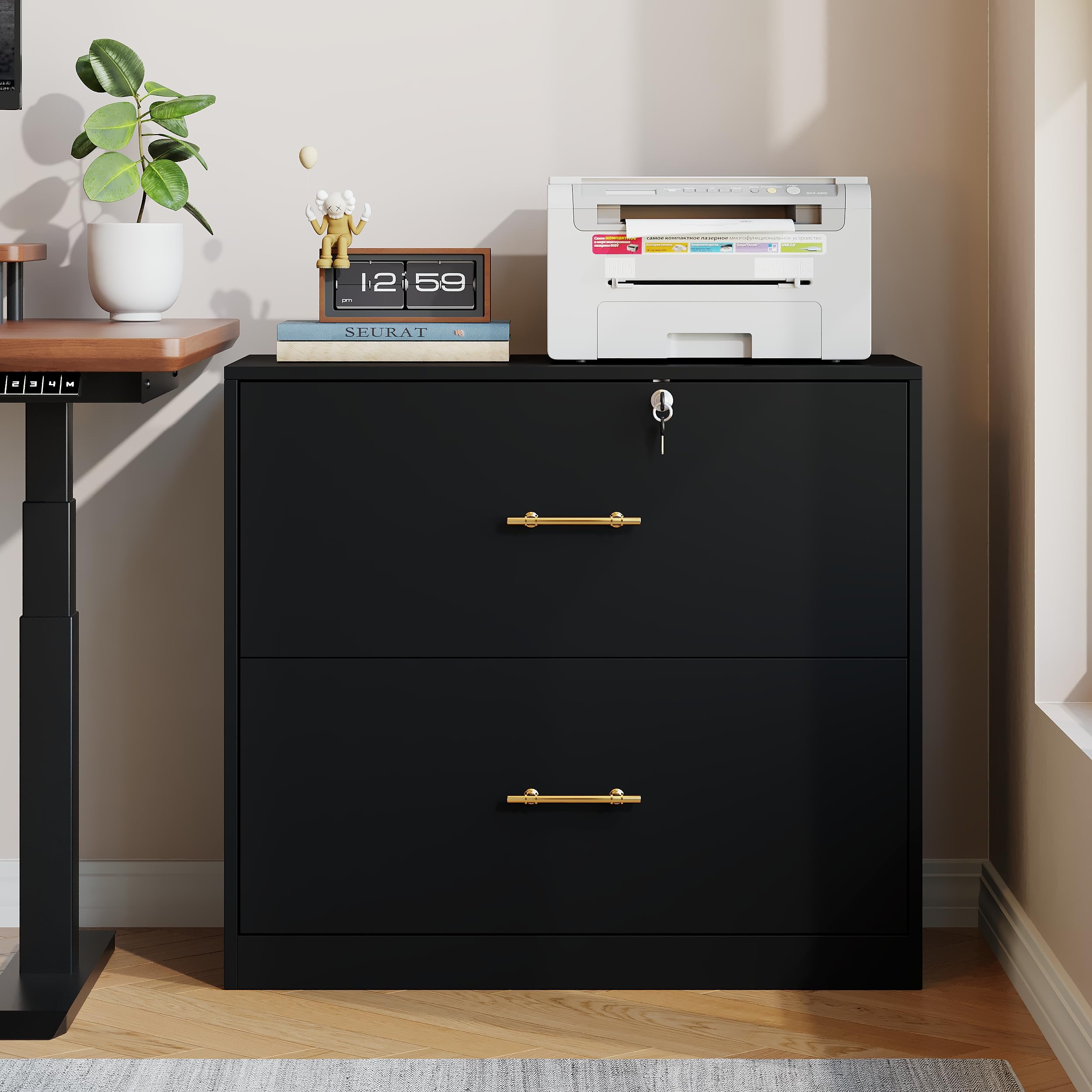 2 Drawer Lateral File Cabinet with Lock, Suitable for Letter/A4/F4/Legal Size Hanging Files,Large Wood Filing Storage Cabinets Printer Stand for Home Office,Black