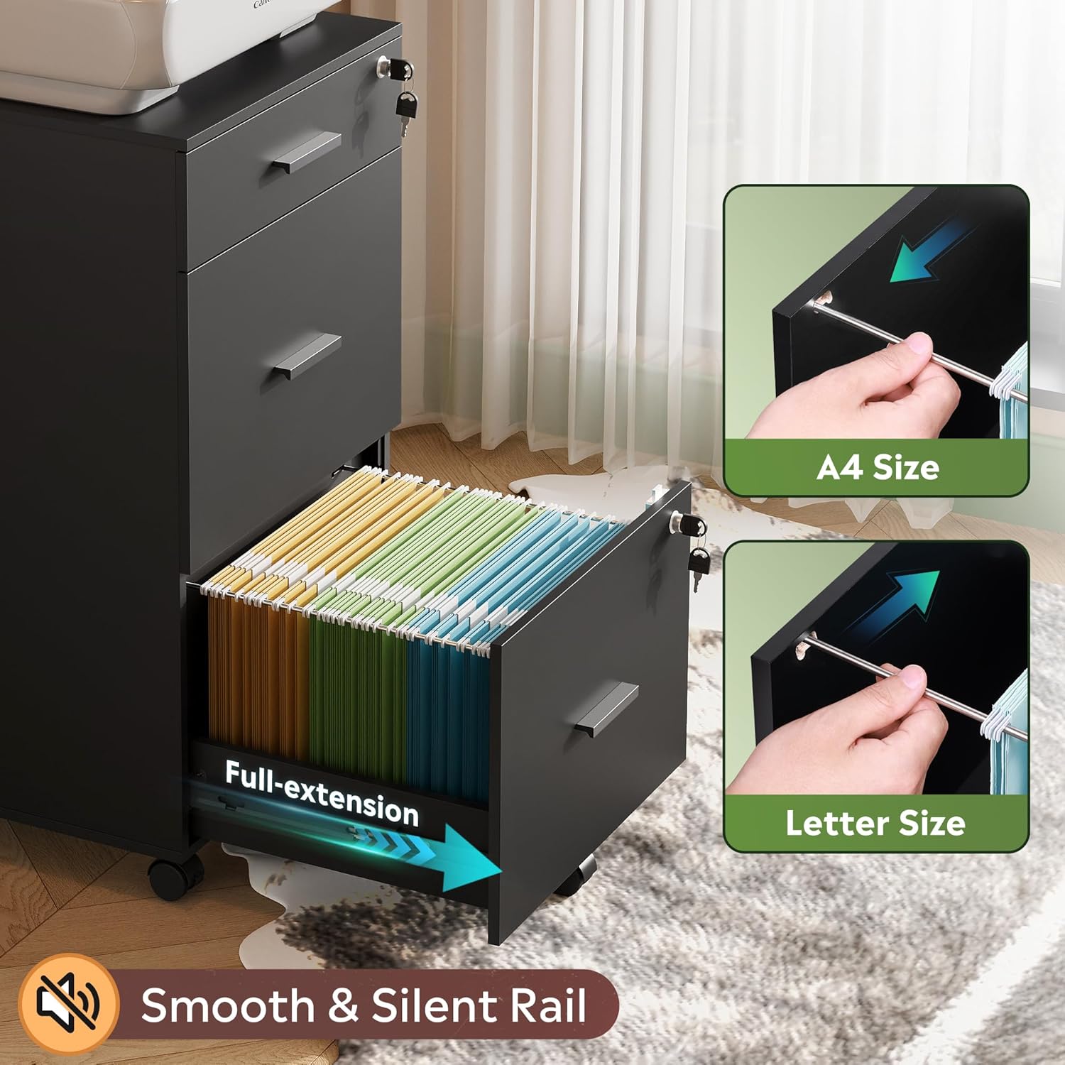 DEVAISE 3 Drawer Rolling File Cabinet with Lock, Wood Filing Cabinet fits Letter / A4 Size for Home Office, Black