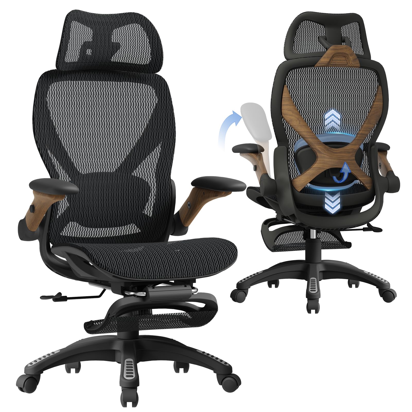 ELABEST X100 Ergonomic Mesh Office Chair with Footrest, Big and Tall Hone Desk Chair with 5D Flip-Up Arms, Adjustable 3D Lumbar Support,Gaming & Executive Computer Chairs