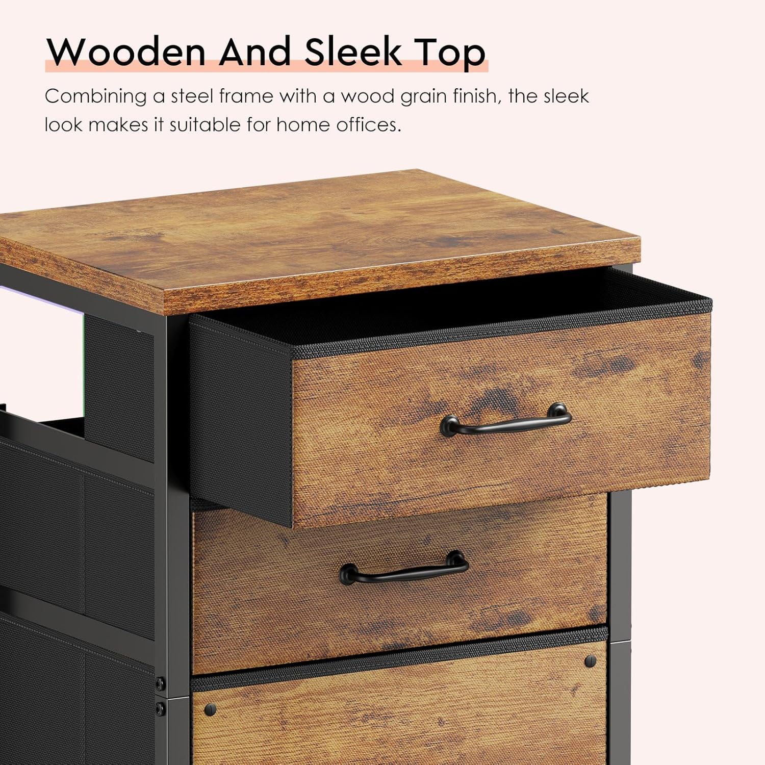 Maihail 3 Drawer Mobile File Cabinet with Wheels Fabric Vertical Filing Cabinet fits A4 or Letter Size for Home Office,Rustic Brown2