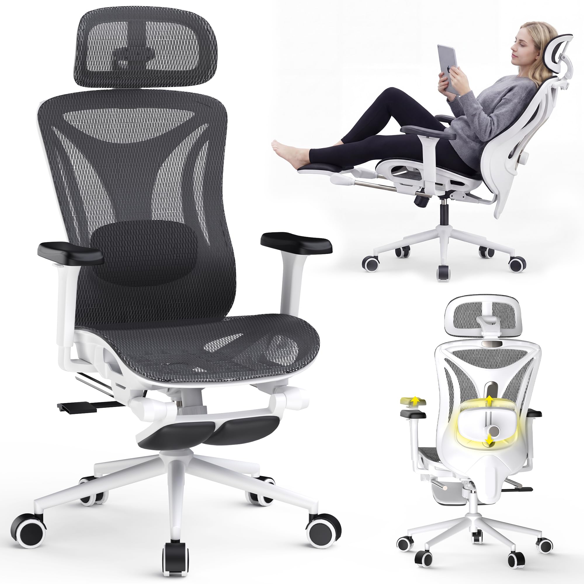 CYKOV Ergonomic Office Chair with Footrest - Adjustable Lumbar Support & Headrest, 90-160° Reclining Mesh Back Computer Chair - Home Office/Gaming, 350lbs Capacity (B-Black, Mesh)