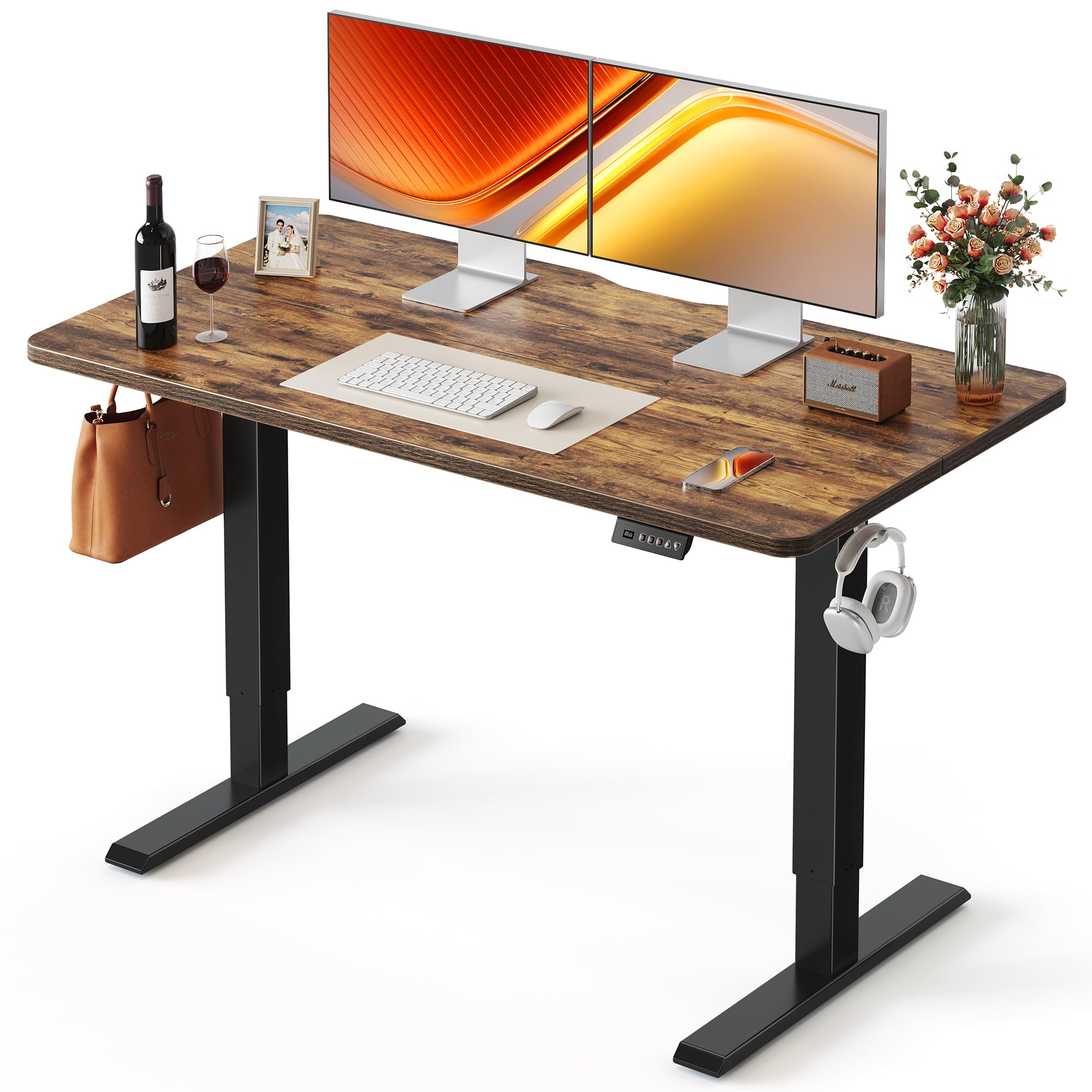 FEZIBO Standing Desk, 48 × 24 Inches Electric Height Adjustable, Sit and Stand Up, Computer Office Desk with Splice Board, White Frame/Maple TOP