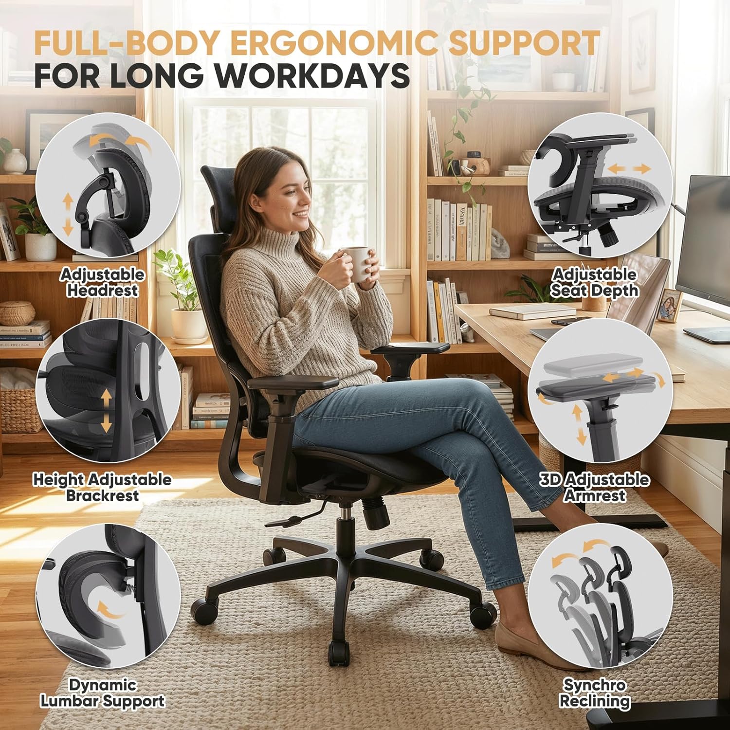 Magshion Ergonomic Office Chair, Swivel Executive Work Task Chair with Adjustable Headrest, 3D Armrests, Tilt Lock and Lumbar Support, Mesh Desk Chair for Home Office, 350 LBS Capacity, Black