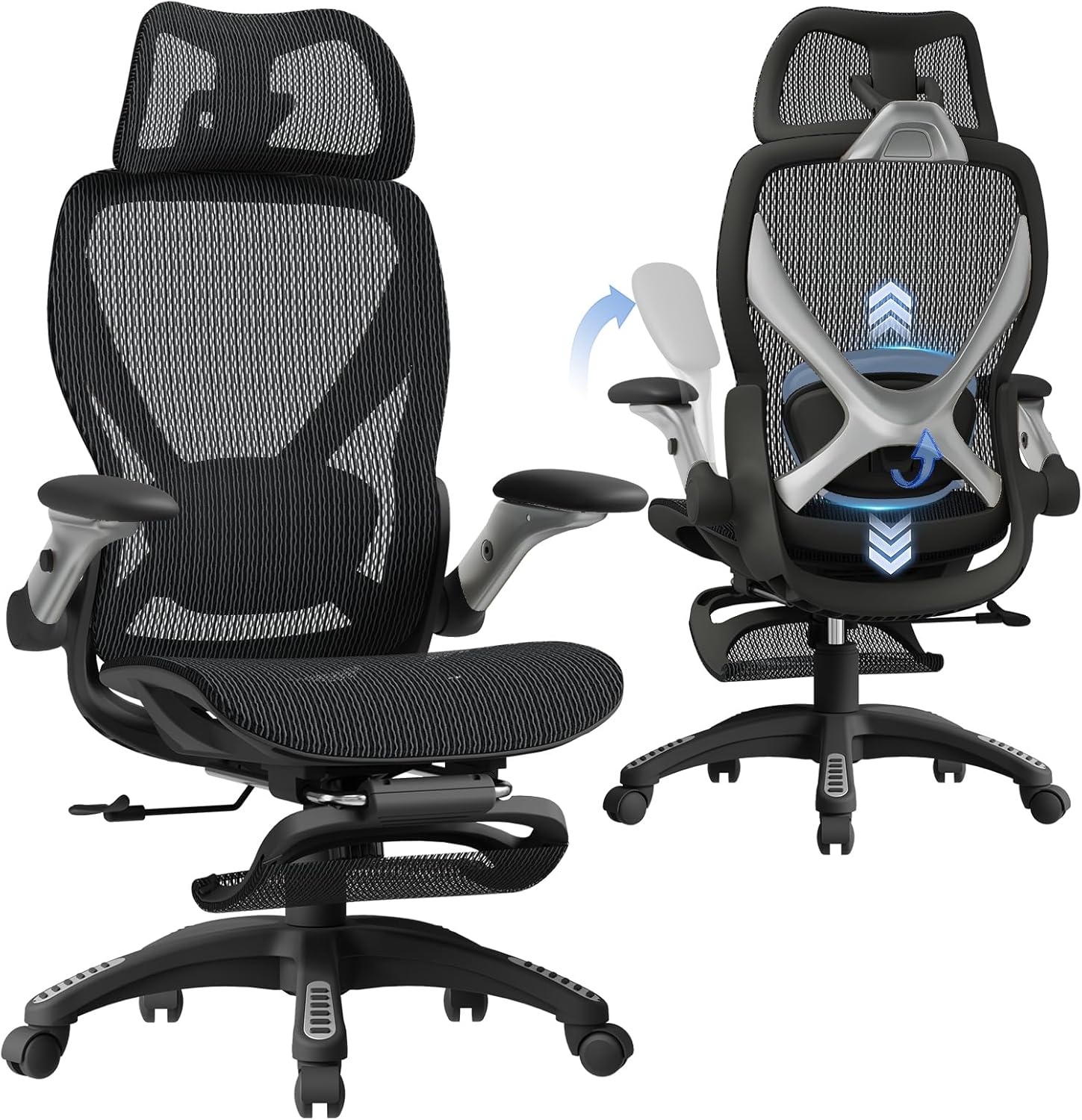 ELABEST X100 Ergonomic Mesh Office Chair with Footrest, Big and Tall Hone Desk Chair with 5D Flip-Up Arms, Adjustable 3D Lumbar Support,Gaming & Executive Computer Chairs