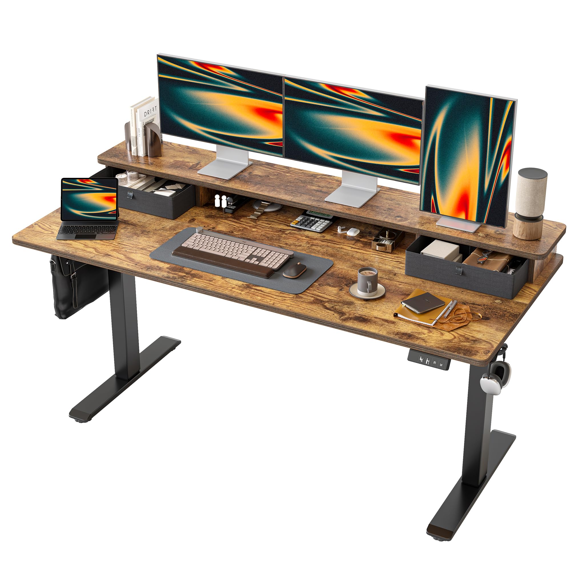TIQLAB Standing Desk with Two Drawers, Stand Up Standing Desk Adjustable Height, Electric Sit Stand Table with Storage Shelf and Splice Board, 48 * 24 inch, Maple