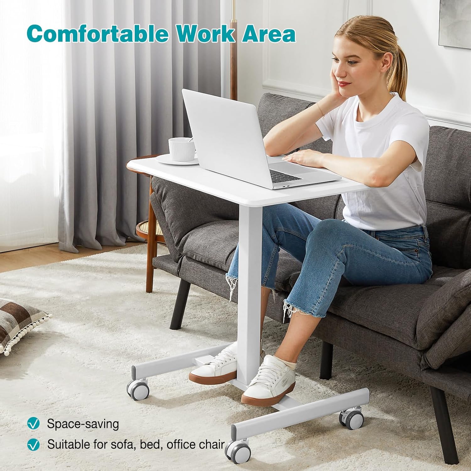 DUMOS Small Standing Desk Mobile Portable Rolling Laptop PC Table on Wheels Adjustable Height Computer Workstation for Home Office, 19 Inch, Modern White