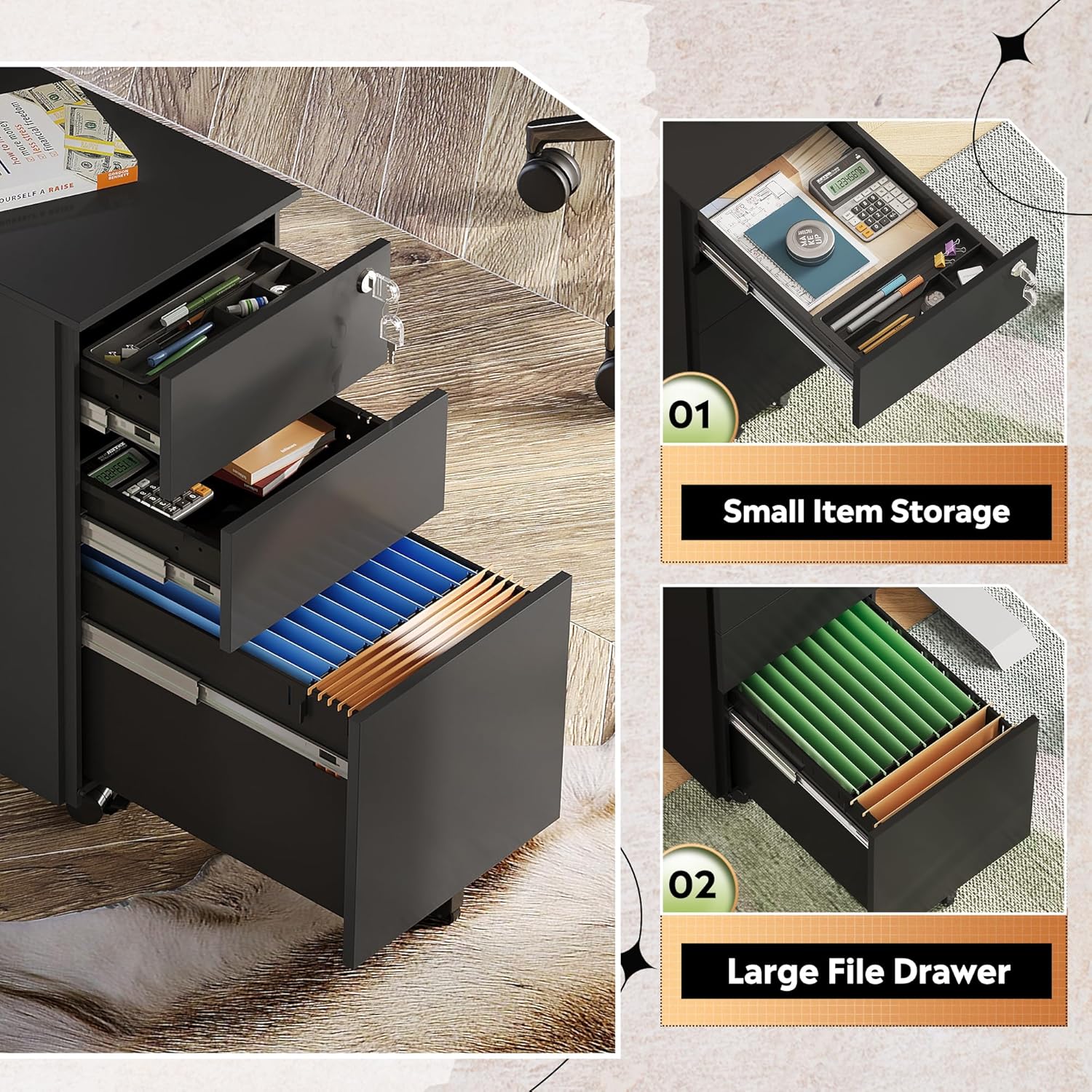 DEVAISE 3 Drawer File Cabinet with Lock, Under Desk Metal Filing Cabinets with Wheels for Home Office Fit Legal/Letter/A4 File, Assembled Except Casters,Black