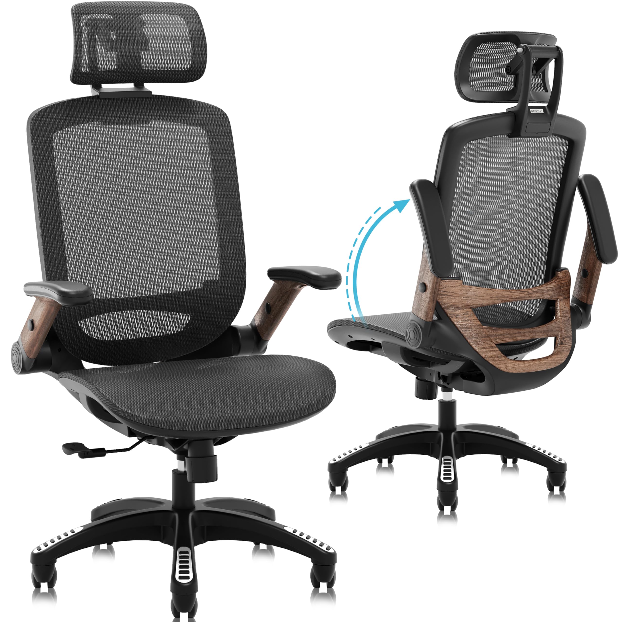 GABRYLLY Ergonomic Office Chair, High Back Home Desk Chair with Headrest, Flip-Up Arms, 90-120° Tilt Lock and Wide Cushion, Big and Tall Mesh Chairs for Man Woman, Black Task Chair